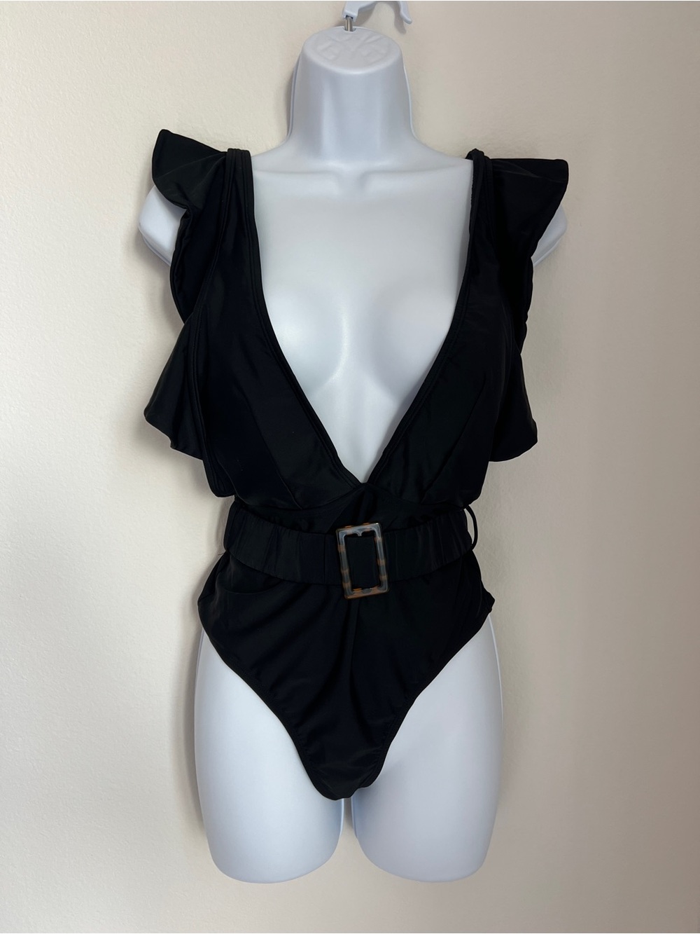 Black Ruffle Deep V Belted One Piece Swimsuit – Size Medium